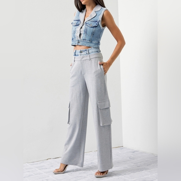 #512 SALE🛑125 S,L HIGH END Mixed Fabric Denim Vest and Cargo Pants Set - Picture 6 of 16